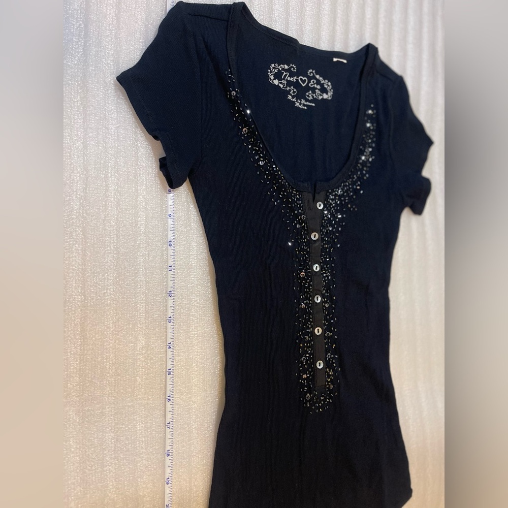 New Era Black Short Sleeve Ribbed Henley Top – Juniors Medium - Picture 11 of 14
